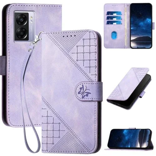 Funda de Cuero con Tapa y Cordón para Oppo A57E 4G Global Yx0080 con Diseño En Relieve de Mariposa y Cuadrícula (Morado Claro)