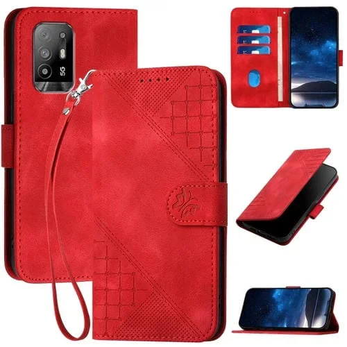 Funda de Cuero con Tapa y Cordón para Oppo A95 5G / Reno5 Z Yx0080 con Diseño En Relieve de Mariposa y Cuadrícula (Rojo)