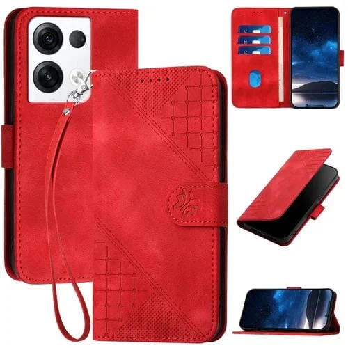 Funda de Cuero con Tapa y Cordón para Oppo Reno10 Pro 5G Global Yx0080 con Diseño En Relieve de Mariposa y Cuadrícula (Rojo)