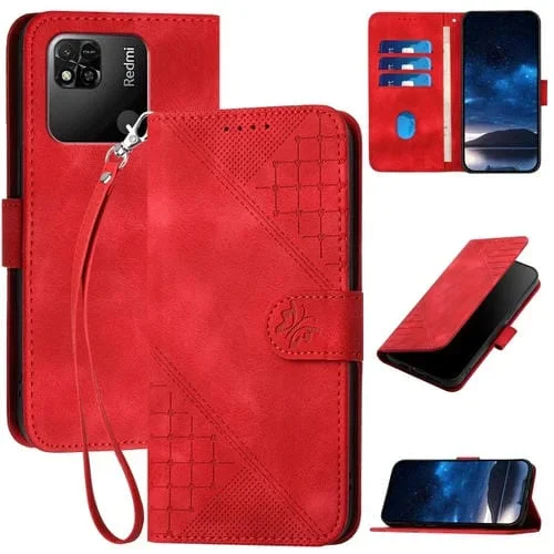 Funda de Cuero con Tapa y Cordón para Redmi 10A Yx0080 con Diseño En Relieve de Mariposa y Cuadrícula (Rojo)