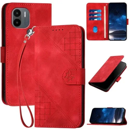 Funda de Cuero con Tapa y Cordón para Redmi A1+ Yx0080 con Diseño En Relieve de Mariposa y Cuadrícula (Rojo)