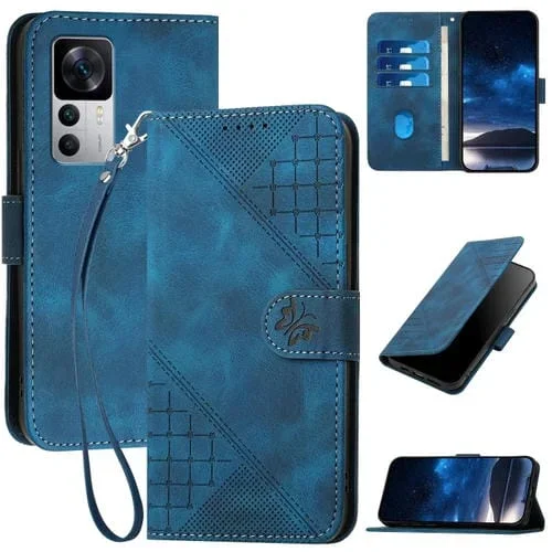 Funda de Cuero con Tapa y Cordón para Redmi K50 Ultra Yx0080 con Diseño En Relieve de Mariposa y Cuadrícula (Azul Oscuro)