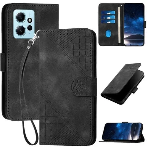 Funda de Cuero con Tapa y Cordón para Redmi Note 12 4G Yx0080 con Diseño En Relieve de Mariposa y Cuadrícula (Negro)