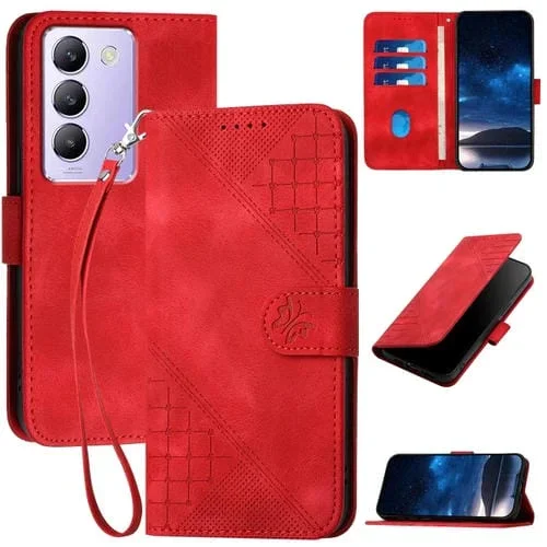 Funda de Cuero con Tapa y Cordón para Vivo Y100 5G Idn Yx0080 con Diseño En Relieve de Mariposa y Cuadrícula (Rojo)