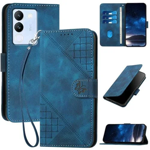 Funda de Cuero con Tapa y Cordón para Vivo Y200 5G Global Yx0080 con Diseño En Relieve de Mariposa y Cuadrícula (Azul Oscuro)