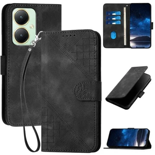 Funda de Cuero con Tapa y Cordón para Vivo Y27 4G Global Yx0080 con Diseño En Relieve de Mariposa y Cuadrícula (Negro)