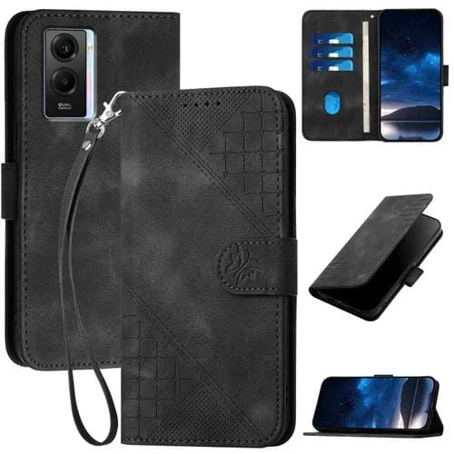 Funda de Cuero con Tapa y Cordón para Vivo Y33E 5G Yx0080 con Diseño En Relieve de Mariposa y Cuadrícula (Negro)