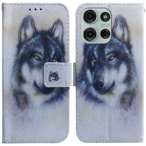 Funda de Cuero con Tapa y Dibujo a Color para Motorola Moto G75 5G (Lobo Blanco)