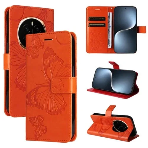 Funda de Cuero con Tapa y Diseño Mariposa En Relieve 3D para Honor Magic7 5G (Naranja)