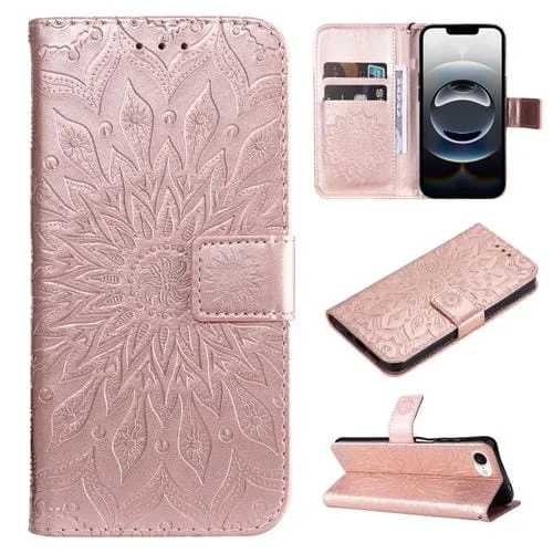 Funda de Cuero con Tapa y Estampado de Girasoles En Relieve para iPhone 16E (Oro Rosa)
