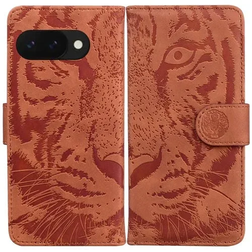 Funda de Cuero con Tapa y Estampado de Tigre para Google Pixel 9A (Marrón)
