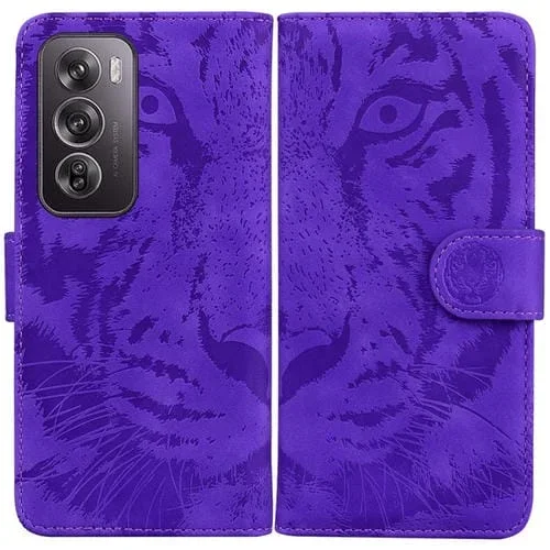 Funda de Cuero con Tapa y Estampado de Tigre para Oppo Reno12 Pro 5G (Morado)