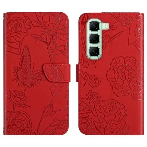 Funda de Cuero con Tapa y Mariposas En Relieve para Infinix Hot 50 5G (Rojo)