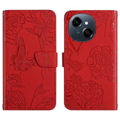 Funda de Cuero con Tapa y Mariposas en Relieve para Tecno Pop 9 4G/Spark Go 2025 4G (Rojo)
