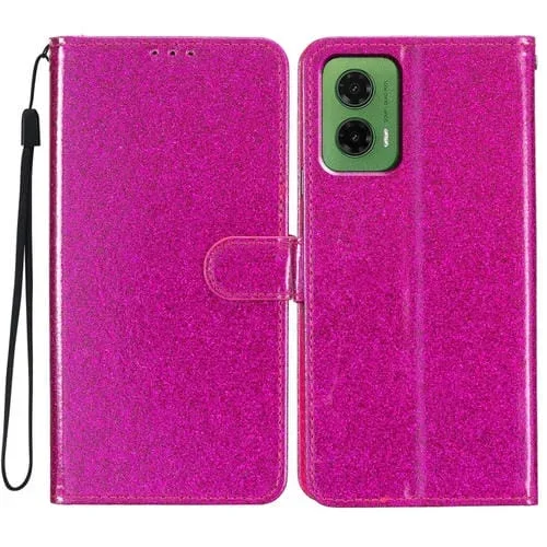Funda de Cuero con Tapa y Purpurina para Motorola Moto G35 (Rosa y Rojo)