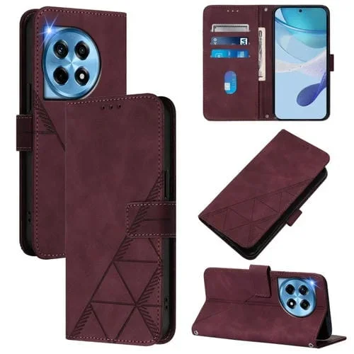 Funda de Cuero con Tapa y Relieve 3D para OnePlus 12R 5G Global Crossbody (Rojo Vino)