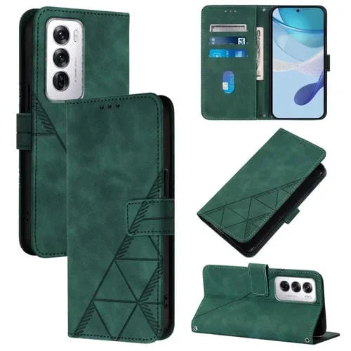 Funda de Cuero con Tapa y Relieve 3D para Teléfono Oppo Reno12 Global Crossbody (Verde Oscuro)