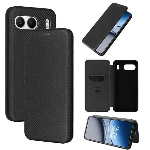 Funda de Cuero con Tapa y Textura de Fibra de Carbono para OnePlus Nord 4 5G (Negra)