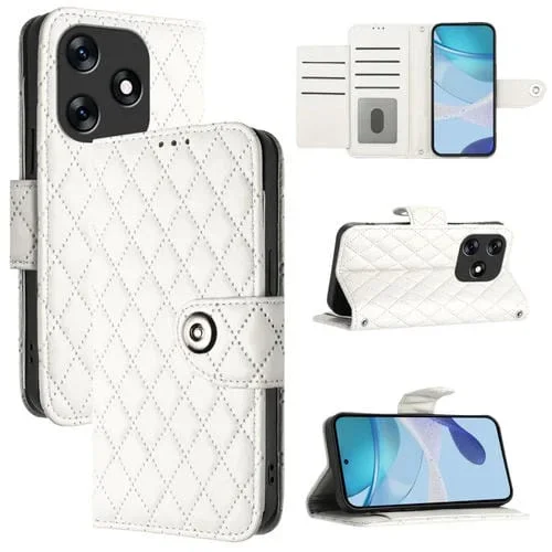 Funda de Cuero con Tapa y Textura Rombal para Tecno Spark 10 4G con Cordón (Blanco)