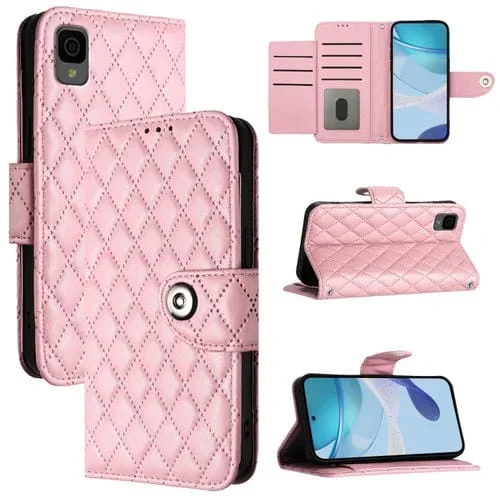 Funda de Cuero con Tapa y Textura Rombal para Teléfono TCL 30Z T602Dl con Cordón (Rosa)