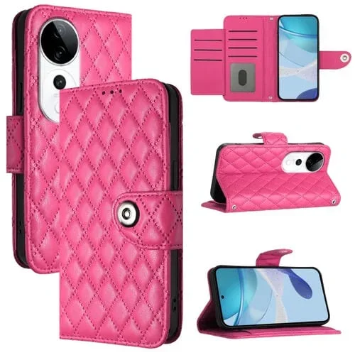 Funda de Cuero con Tapa y Textura Rómbica para Teléfono Vivo S19 Pro con Cordón (Rosa Rojo)