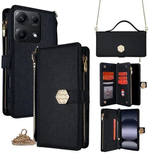 Funda de cuero con textura cruzada y asa cruzada para Redmi Note 14S 4G (negro)