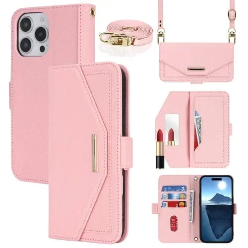 Funda de Cuero con Textura Cruzada y Cordón para iPhone 16 Pro (Rosa)