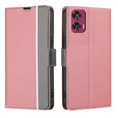 Funda de Cuero con Textura de Sarga y Botones Laterales para Motorola Edge 50 Fusion 5G (Rosa)