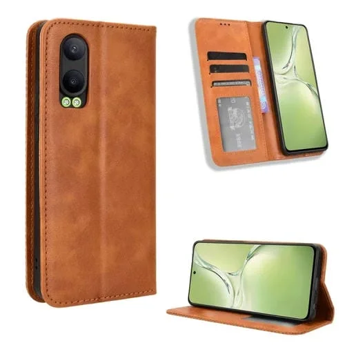 Funda de Cuero con Textura Retro y Hebilla Magnética para Oppo K12X 5G/Oneplus Nord Ce4 Lite 5G (Marrón)