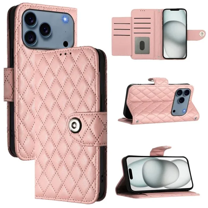 Funda de cuero con textura rómbica y cordón para iPhone 17 Pro Max (rosa coral)