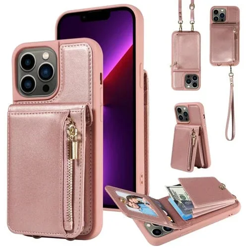 Funda de Cuero Crossbody Lanyard Zipper Wallet para iPhone 13 Pro (Oro Rosa)