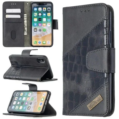 Funda de Cuero de Pu para iPhone X Xs con Textura de Cocodrilo, Tapa Horizontal, Billetera, Soporte y Ranuras para Tarjetas (Negro)