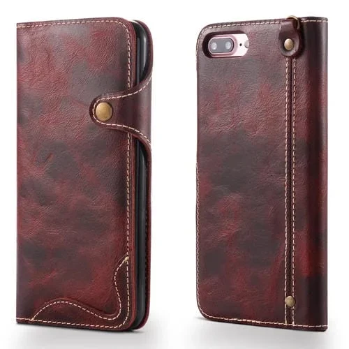 Funda de Cuero Denior Oil Wax para iPhone 7 Plus y 8 Plus con Botón Magnético, Tapa Horizontal, Ranuras para Tarjetas y Billetera (Rojo Oscuro)
