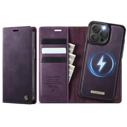 Funda de cuero desmontable CaseMe C49 con bloqueo RFID MagSafe para iPhone 15 Pro Max (morado)