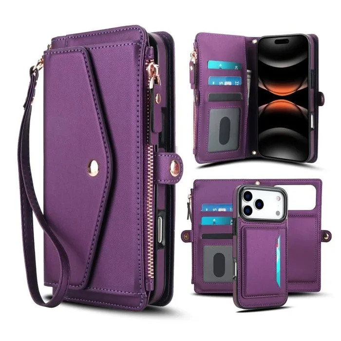 Funda de cuero desmontable con cordón para iPhone 17 Pro (morado oscuro)