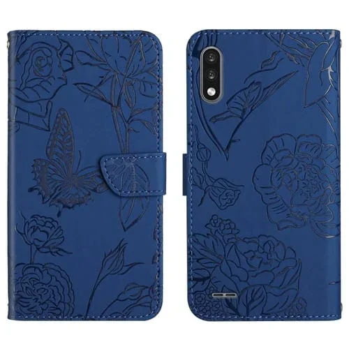 Funda de Cuero en Relieve para LG K22 con Diseño de Mariposa (Azul)
