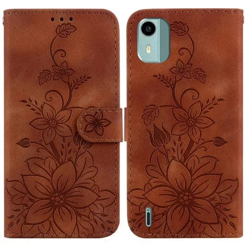Funda de Cuero en Relieve para Nokia C12 Lily (Marrón)