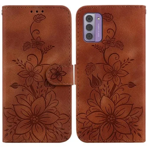 Funda de Cuero en Relieve para Nokia G42 Lily para Teléfono (Marrón)