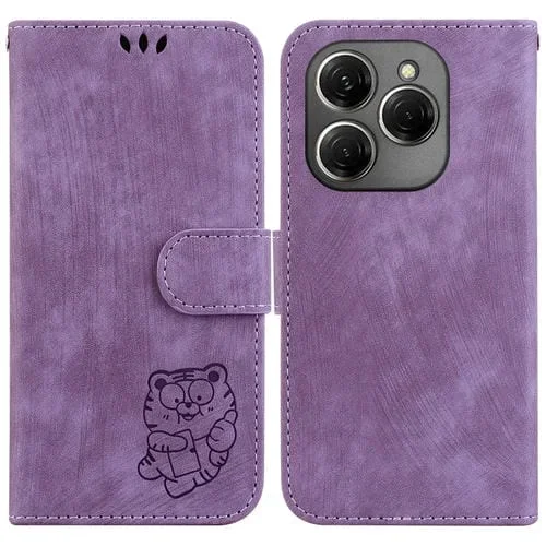 Funda de Cuero En Relieve para Tecno Spark 20 Pro Little Tiger (Púrpura)