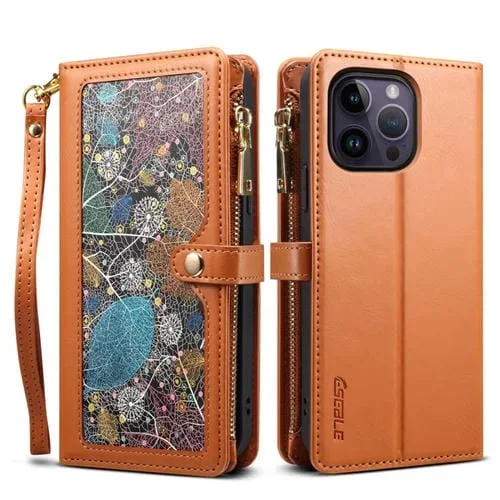 Funda de Cuero Eseble Star Series para iPhone 13 Pro Max con Lanyard, Zipper Wallet y RFID (Marrón)
