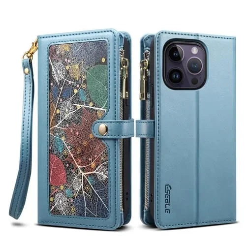 Funda de Cuero Eseble Star Series para iPhone 16 Pro con Billetera, Cremallera y Cordón (Azul)