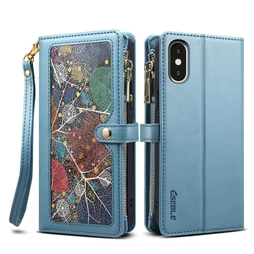 Funda de Cuero Eseble Star Series para iPhone Xs Max Lanyard Zipper Wallet Rfid (Azul)