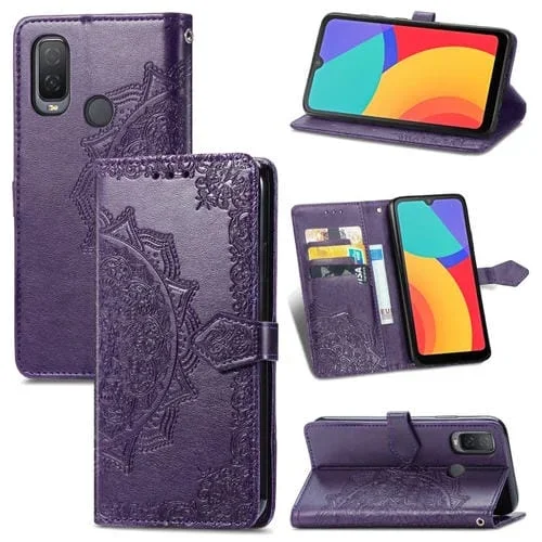 Funda de Cuero Flip Horizontal para Alcatel 1L 2021 con Titular, Tarjetero y Cordón (Púrpura)