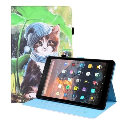 Funda de Cuero Flip Horizontal para Amazon Kindle Fire 7 con Soporte, Ranuras para Tarjetas, Marco de Fotos y Función de Descanso (Bib Kitten)