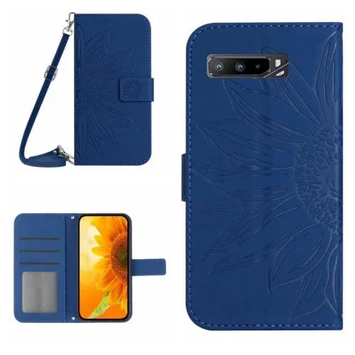 Funda de Cuero Flip para Asus Rog Phone 3 Zs661Ks con Cordón y Diseño Sun Flower (Azul Oscuro)