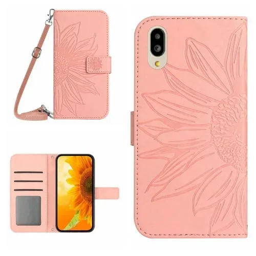 Funda de Cuero Flip para Sharp Simple Sumaho 6 con Cordón y Diseño Sun Flower (Rosa)