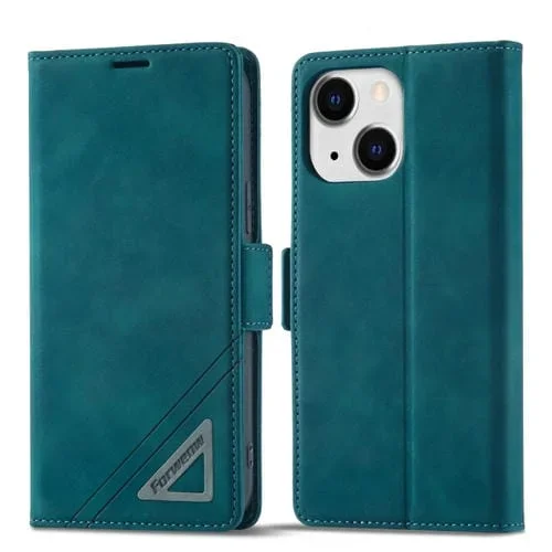 Funda de Cuero FoRWenw para iPhone 14 con Hebilla de Doble Cara (Cian Oscuro)