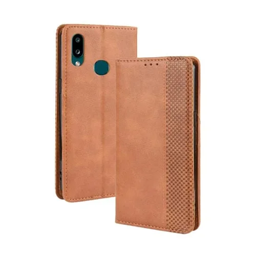 Funda de Cuero Galaxy A10S Hebilla Magnética Retro Crazy Horse con Tapa Horizontal Soporte Ranuras Tarjetas Marco Fotos (Marrón)