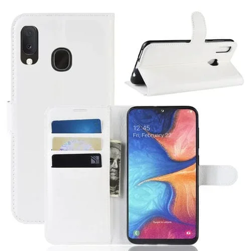 Funda de Cuero Galaxy A20E con Tapa Horizontal Textura Litchi Billetera Soporte Ranuras para Tarjetas (Blanco)