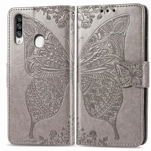 Funda de Cuero Galaxy A20S Butterfly Love Flower con Tapa Horizontal En Relieve Soporte Ranura Tarjeta Billetera Cordón (Gris)